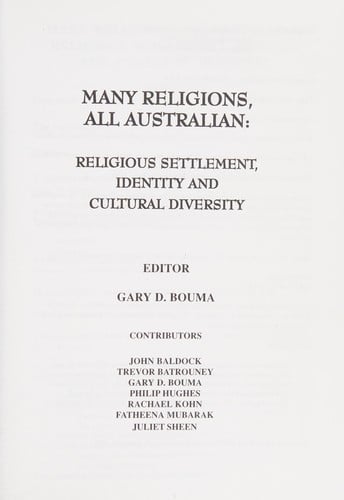 Many religions, all Australian: religious settlement, identity and cultural diversity