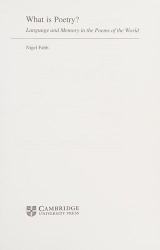 What Is Verse?: Language and Memory in the Poems of the World