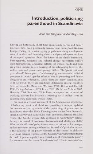 POLITICISING PARENTHOOD IN SCANDINAVIA: GENDER RELATIONS IN WELFARE STATES; ED. BY ANNE LISE.