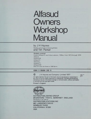 Alfasud Owners Workshop Manual