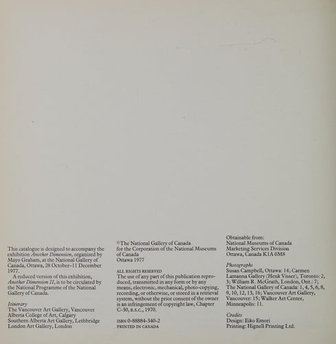 Another dimension =: Une autre dimension : [catalogue of an exhibition held at the National Gallery of Canada, Ottawa, 28 October-11 December, 1977]