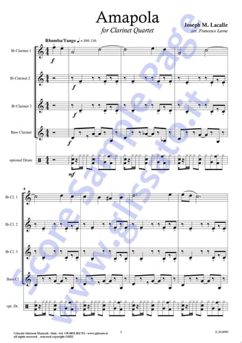 Bb Bass Clarinet part of "Amapola" for Clarinet Quartet Tango/Rhumba