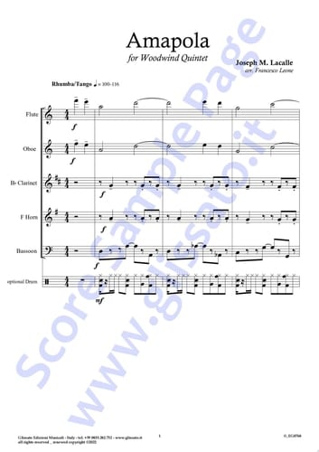 Optional Drum part of "Amapola" for Woodwind Quintet Tango/Rhumba