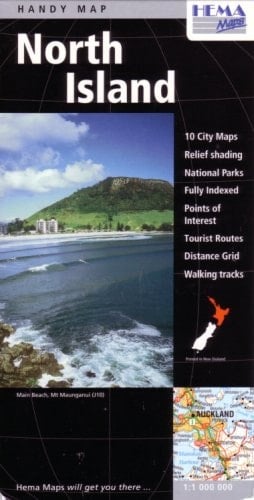 New Zeland Handy Map:North Island 10city Maps, Relief Shading, National Parks,...