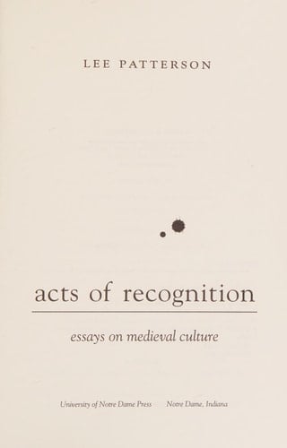 Acts of Recognition Essays on Medieval Culture