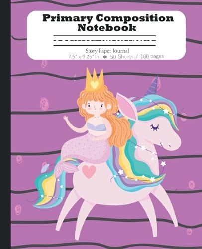 Primary Composition Notebook k-2: Mermaid Unicorn Primary Composition Notebook With Picture Space and Dotted Midline for Children Learn To Write and Draw