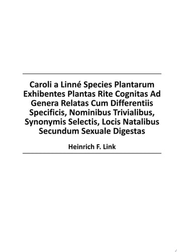 Caroli a Linn? Species Plantarum Exhibentes Plantas Rite Cognitas Ad Genera Relatas Cum Differentiis Specificis, Nominibus Trivialibus, Synonymis Selectis, Locis Natalibus Secundum Sexuale Digestas