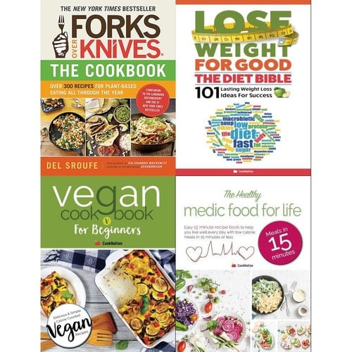 Forks over knives cookbook, diet bible, vegan cookbook for beginners and healthy medic food for life 4 books collection set
