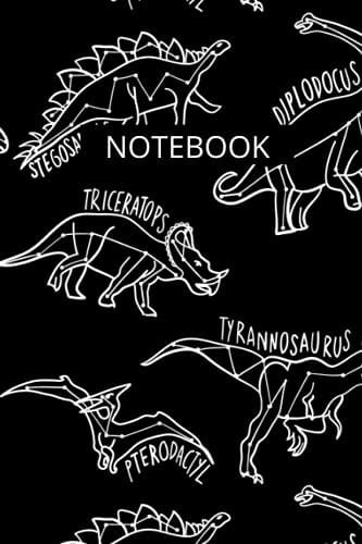 NOTEBOOK: Dinosaur Notebook For Kids, Children, Girls, Boys, Teenagers: Hand drawn white outline dinosaurs with labels pattern/6X9 120