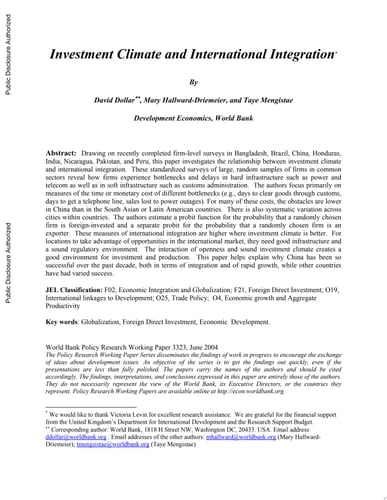 Investment Climate and International Integration