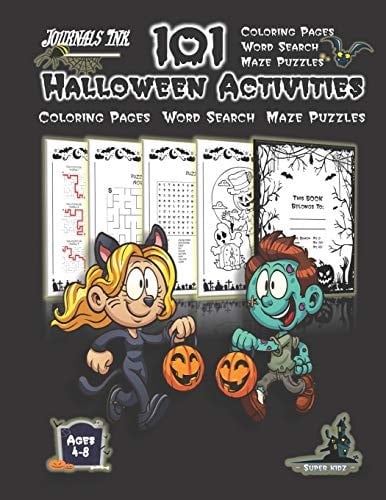 Halloween Activity Book for Kids Ages 4-8 101 Puzzle Pages. COLORING - MAZES - WORD SEARCH. Custom Art Interior. Cute Fun Gift! Cat & Zombie. SUPER KIDZ