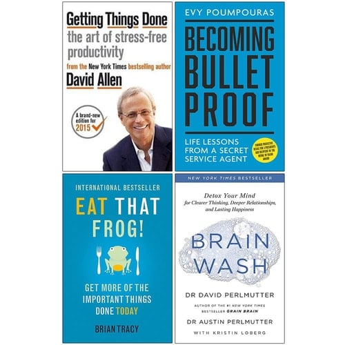 Getting Things Done, Becoming Bulletproof, Eat That Frog, Brain Wash 4 Books Collection Set