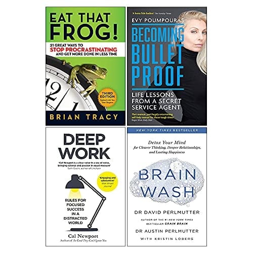 Deep Work, Becoming Bulletproof, Eat That Frog, Brain Wash 4 Books Collection Set