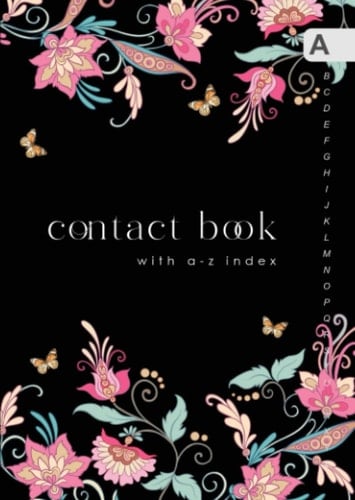 Contact Book with A-Z Index: B6 Small Address Telephone Notebook | Alphabetical Sections | Vintage Fantasy Floral Butterfly Design Black