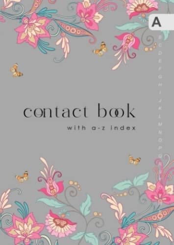 Contact Book with A-Z Index: B6 Small Address Telephone Notebook | Alphabetical Sections | Vintage Fantasy Floral Butterfly Design Gray
