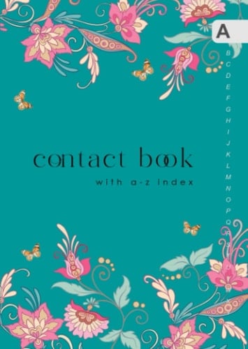 Contact Book with A-Z Index: B6 Small Address Telephone Notebook | Alphabetical Sections | Vintage Fantasy Floral Butterfly Design Teal