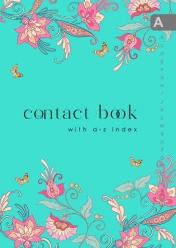 Contact Book with A-Z Index: B6 Small Address Telephone Notebook | Alphabetical Sections | Vintage Fantasy Floral Butterfly Design Turquoise