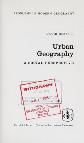 Urban geography: A social perspective (Problems in modern geography)