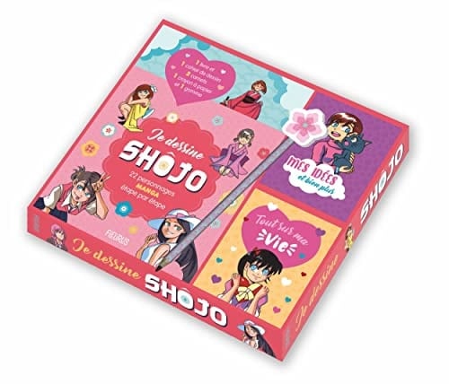 Coffret Je dessine shôjo 22 personnages manga étape par étape - Avec 1 livre, 1 cahier de dessin, 2 carnets, 1 crayon à papier et 1 gomme