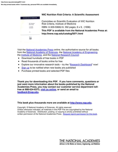 WIC Nutrition Risk Criteria A Scientific Assessment