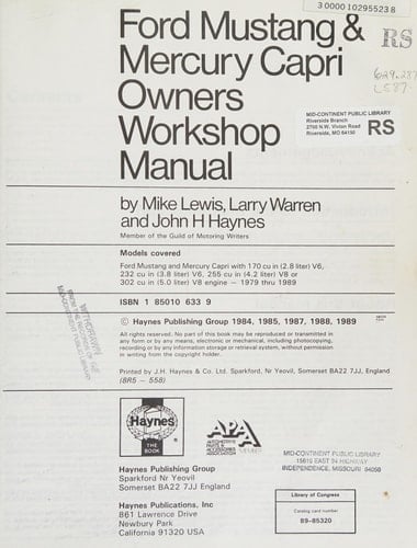 Ford Mustang & Mercury Capri Owners Workshop Manual