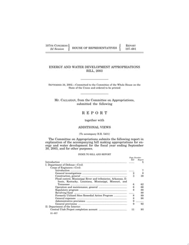 Energy and Water Development Appropriations Bill, 2003: Report Together with Additional Views (To Accompany H.R. 5431) (Including Cost Estimate of the Congressional Budget Office)