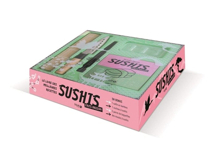 Coffret sushis Le livre Sushis faits maison avec 1 natte en bambou, 1 couteau spécial sushis, 1 moule à sushis et 2 paires de baguettes