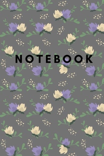 Notebook: Cute girly purple flowers on a grey background notebook