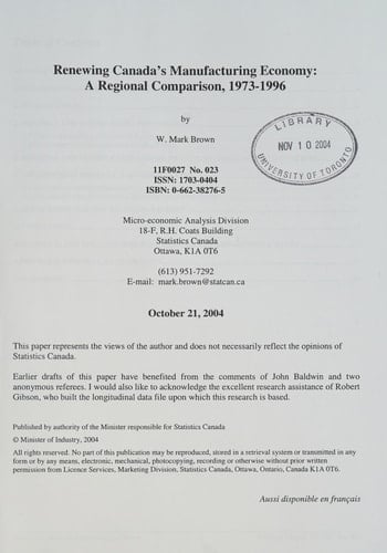 Renewing Canada's Manufacturing Economy A Regional Comparison, 1973-1996