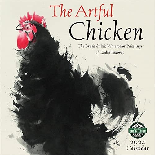 The Artful Chicken 2024 Wall Calendar: Brush & Ink Watercolor Paintings by Endre Penovac | 12" x 24" Open | Amber Lotus Publishing