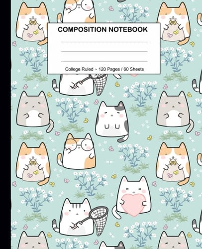 Cat Lined Composition Notebook Cats Catching Butterflies in a Field of Flowers, 7. 5 X 9. 25 , 120 Pages, College Ruled
