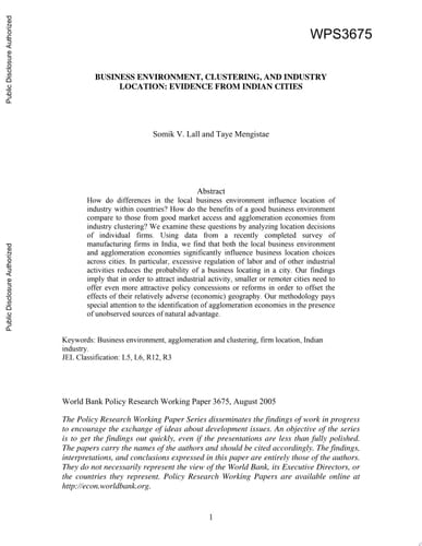 Business Environment, Clustering, And Industry Location Evidence From Indian Cities