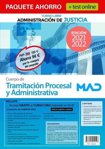 Paquete Ahorro +TES ONLINE Tramitación Procesal y Administrativa (turno libre). Ahorra 94 € (incluye Temarios 1, 2 y 3; Supuestos prácticos 1 y 2; Prueba ofimática; y acceso Curso Oro)
