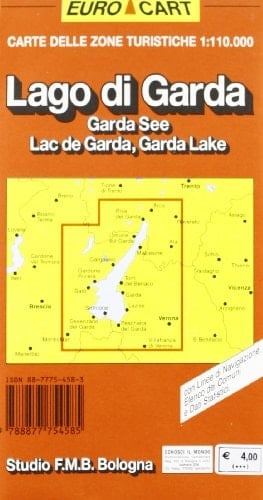 Carte delle zone turistiche 1:110.000 con linee di navigazione, elenco dei comuni e dati statistici. Lago di Garda