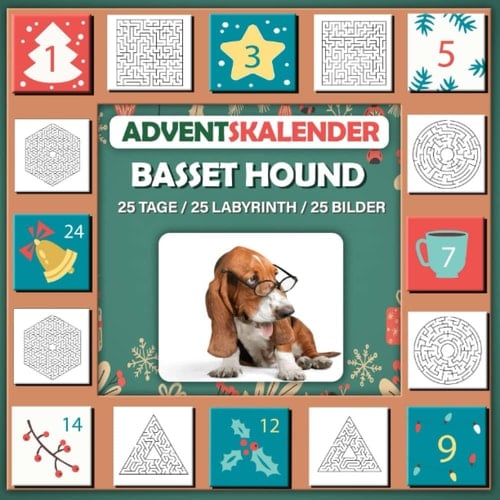 Labyrinth Adventskalender 2023 Buch: Mit Bild von Basset, schönes Geschenk für Kinder Basset lieben 25 Tage / 25 Labyrinth / 25 Bilder (German Edition)