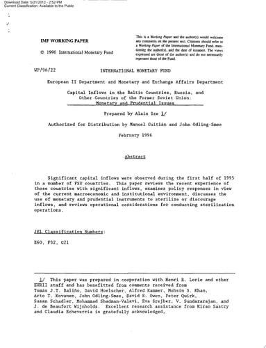 Capital Inflows in the Baltic Countries, Russia, and Other Countries of the Former Soviet Union Monetary and Prudential Issues