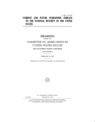 Current and Future Worldwide Threats to the National Security of the U. S. Hearing Before the Committee on Armed Services, U. S. Senate