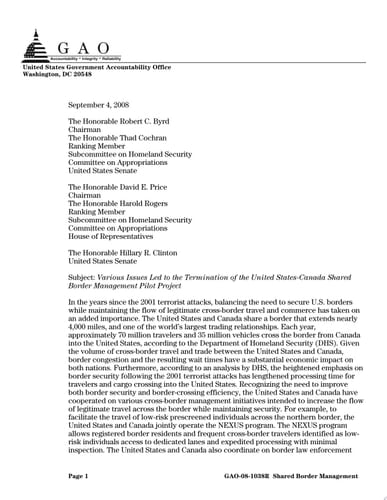 Various Issues Led to the Termination of the U. S. -Canada Shared Border Management Program