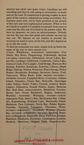 Where to Eat in Canada 1984-1985