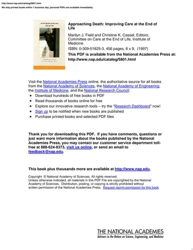 Approaching Death Improving Care at the End of Life