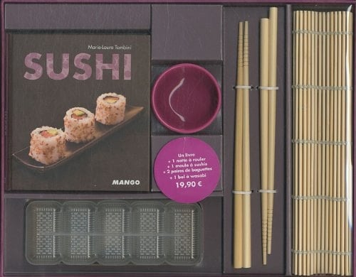 Coffret sushi Avec un livre + 1 natte à rouler + 1 moule a sushis + 2 paires de baguettes + 1 bol à wasabi