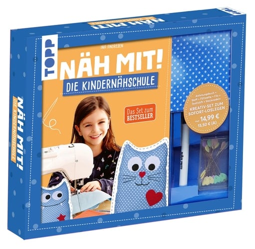 Kreativ-Set: Näh mit! Die Kindernähschule Buch (48 S., DIN A5, Softcover), Vorlagen, Urkunde Nähmaschinenführerschein, Stoff für ein Modell, Filz, Stecknadeln, Textilstift