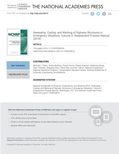 Assessing, Coding, and Marking of Highway Structures in Emergency Situations, Volume 2: Assessment Process Manual