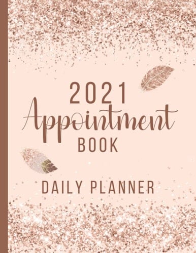2021 Appointment Book Daily Planner Day to Day Client Schedule Agenda with Hourly Slots 7am - 10pm for Beauty Therapists, Nail Technicians, Mobile Hairdressers Etc, Rose Gold Feathers