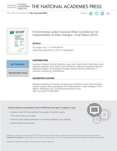 Environmental Justice Analyses When Considering Toll Implementation or Rate Changes—Final Report