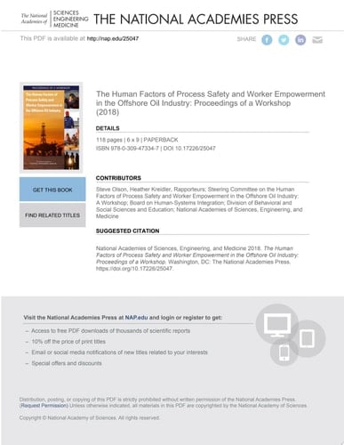 The Human Factors of Process Safety and Worker Empowerment in the Offshore Oil Industry Proceedings of a Workshop