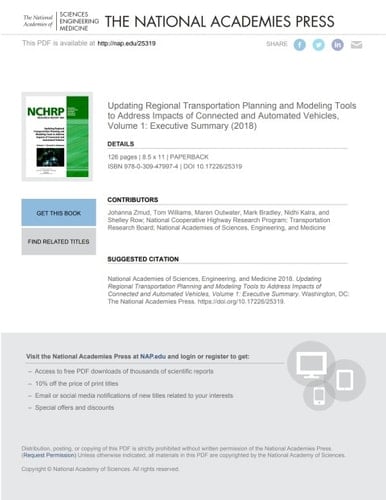 Updating Regional Transportation Planning and Modeling Tools to Address Impacts of Connected and Automated Vehicles, Volume 1: Executive Summary