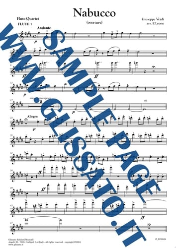 Flute 1 part of "Nabucco" overture for Flute Quartet for intermediate flute players