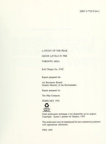 A Study of the Peak Ozone Levels in the Toronto Area