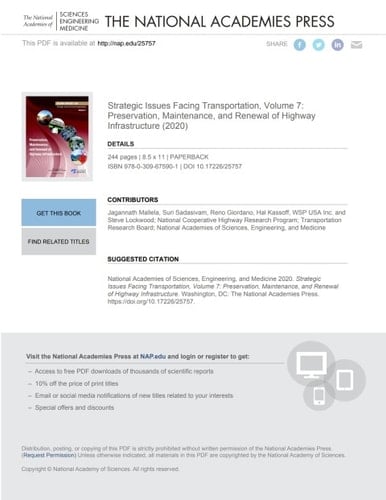 Strategic Issues Facing Transportation, Volume 7: Preservation, Maintenance, and Renewal of Highway Infrastructure